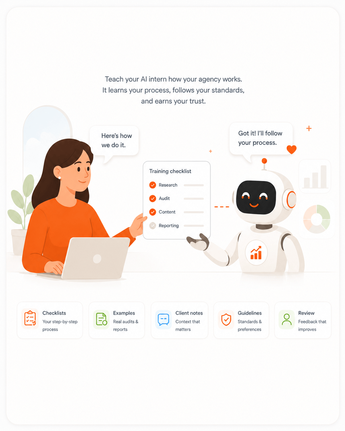 A person teaching an AI intern with checklists, examples, client notes, guidelines, and review feedback
