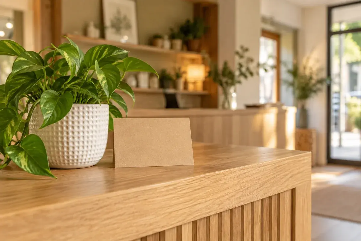 A green plant on the welcome counter