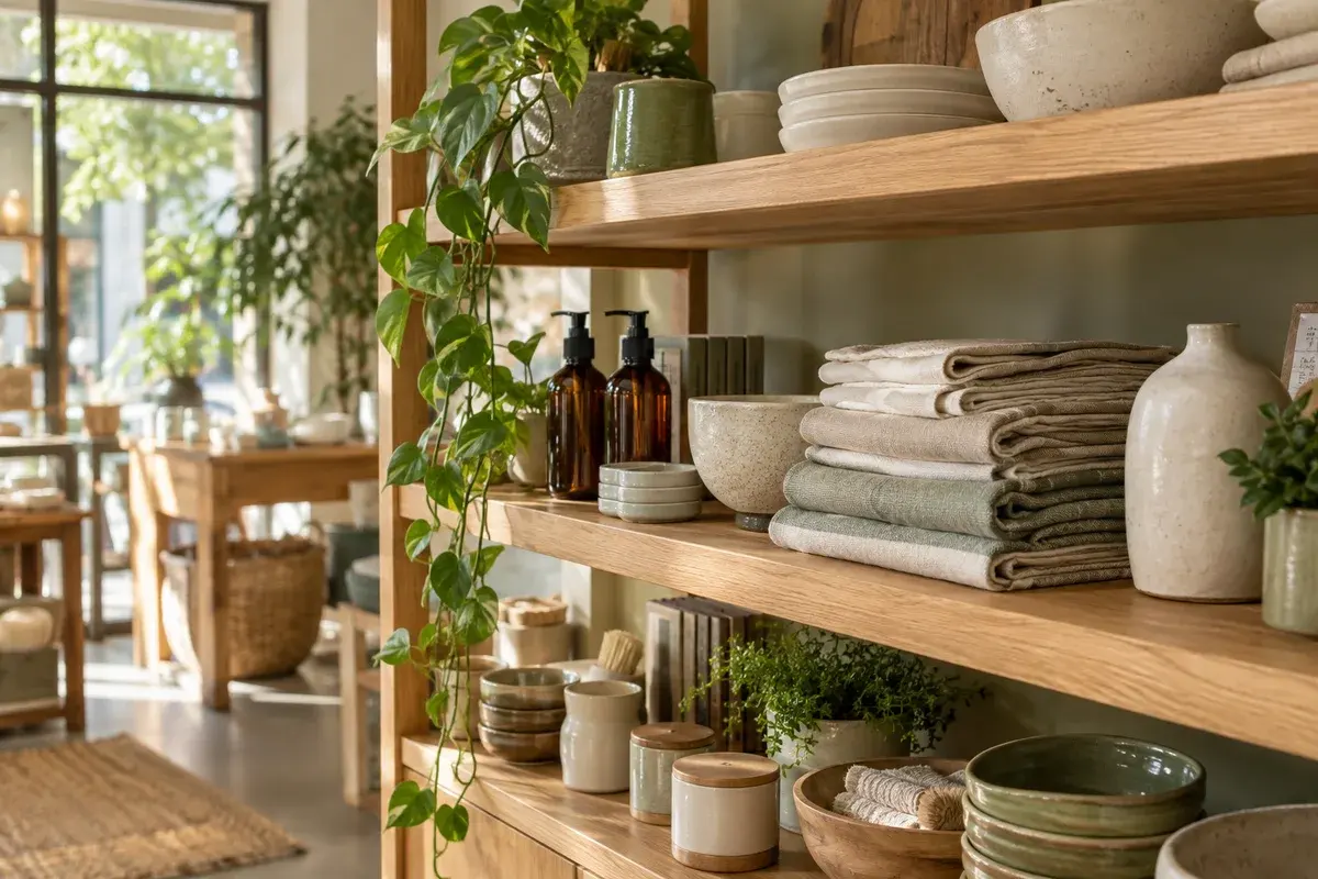 Ceramics and linen displayed on oak shelves