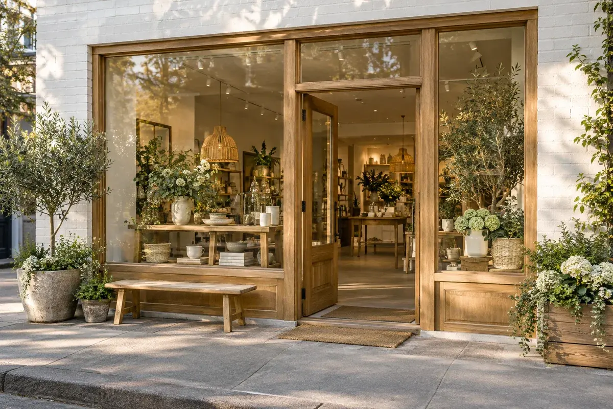 Neighborhood storefront with oak windows and plants