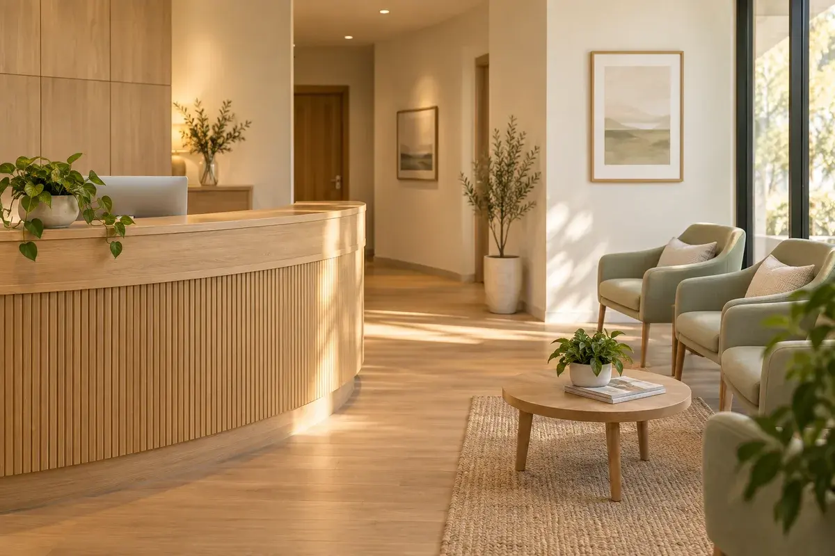 Illustrative business reception with warm wood and welcoming seating