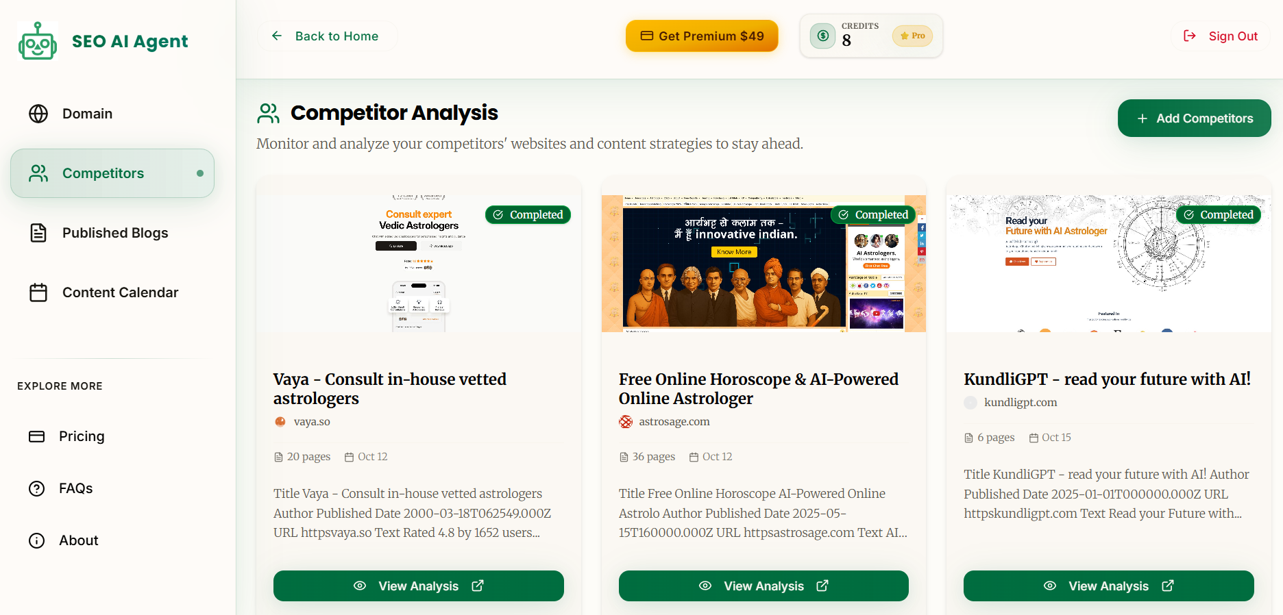Competitor analysis dashboard showing competitive intelligence and keyword opportunities