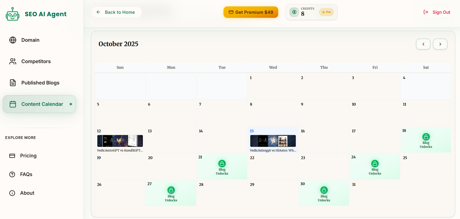 Content calendar showing scheduled blog posts and content planning