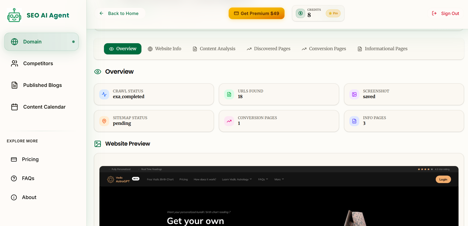 SEO AI Agent Overview Dashboard showing domain metrics and performance analytics
